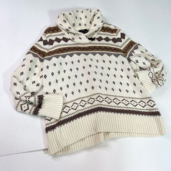 Chaps Sweater Womens 1X Cream & Brown Nordic Style Intarsia Bulky Knitted Pullov - Picture 1 of 9